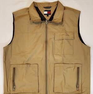 VINTAGE TOMMY HILFIGER WINTER VEST FLEECE LINED KHAKI BEIGE MENS L